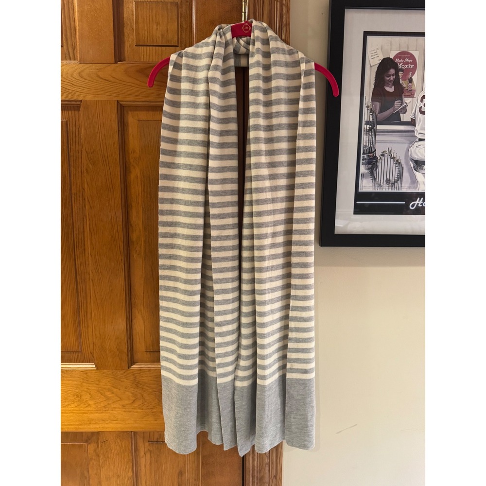 J.Crew 100% Wool Gray Ivory Striped Long Scarf Soft Knit Winter Wrap